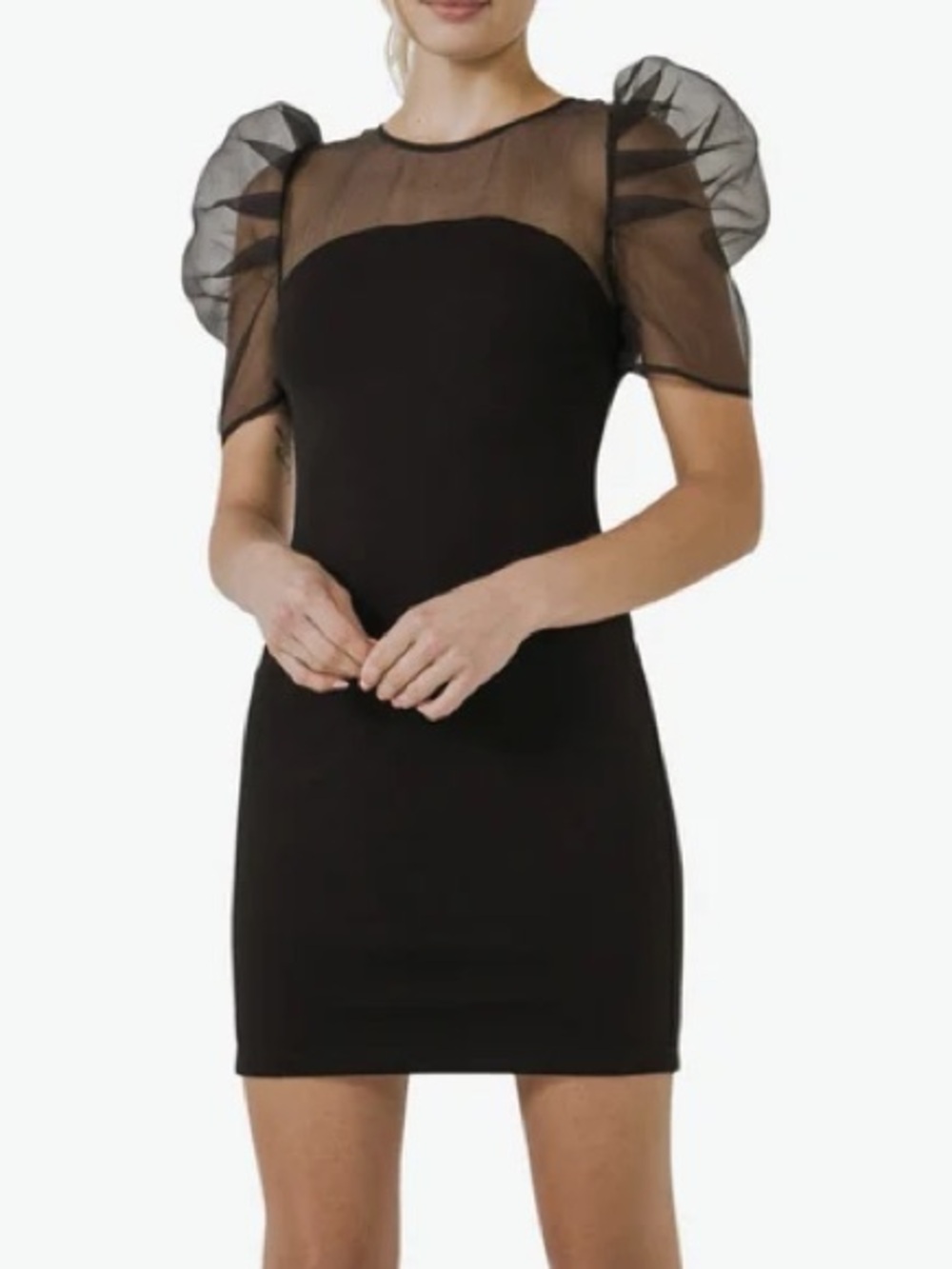 NWT Endless Rose Organza Sheer Puff Sleeve Knit Mini Dress - XS